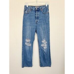 Levi's Ribcage Straight Jeans Button Fly Distressed Medium Wash Blue Women's 26